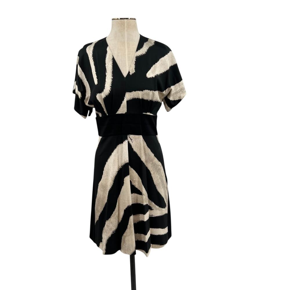 Just Cavalli Zebra Print V-Neck Dress Short Sleeve Black Cream Size 40 US 4